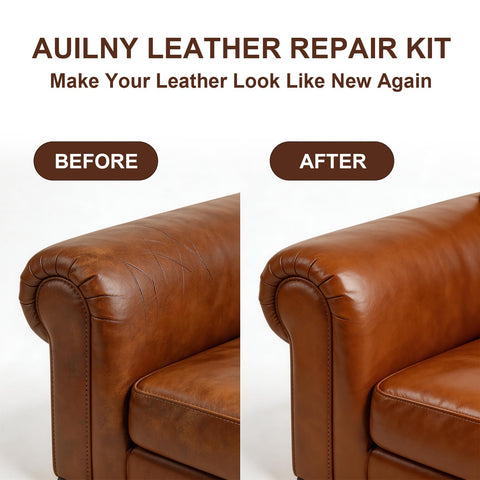 Before and after sofa using Leather Repair Kit For Furniture, Cars, Jackets, And Purses, DIY Color Match Kit To Fix Tears.