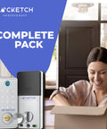 Woman unboxing 4 In 1 Smart Door Lock With Wi Fi Keyless Entry Fingerprint Scanner Keypad And Remote App Access Easy Direct Fit Installation.