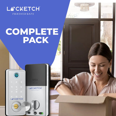 Woman unboxing 4 In 1 Smart Door Lock With Wi Fi Keyless Entry Fingerprint Scanner Keypad And Remote App Access Easy Direct Fit Installation.