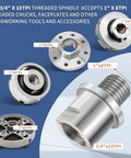 Precision Hardened Steel Woodworking Lathe Headstock Spindle Adapter showing 3/4" x 10 TPI and 1" x 8 TPI threaded fittings.