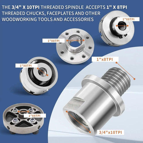 Precision Hardened Steel Woodworking Lathe Headstock Spindle Adapter showing 3/4" x 10 TPI and 1" x 8 TPI threaded fittings.