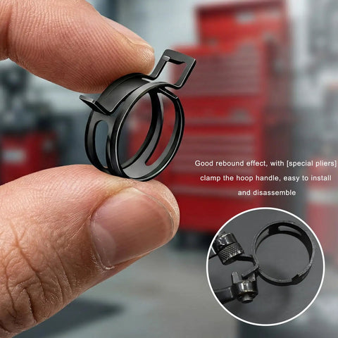 Close-up of 6mm manganese steel clamp, 20 Piece One Quarter Inch Inside Diameter Spring Band Clamps Set for Vehicle Fuel Lines and Vacuum Water Pipes