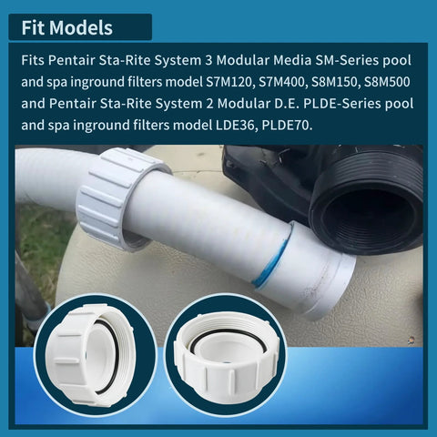 PKG188 white PVC half-union adapter installed on 2-in pipe, 2.38-in ID; pool equipment connection.