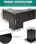 Product specifications for Four Pack 3-Way Right Angle Pergola Brackets With Post Base For 4x4 Beams, showing dimensions and thickness