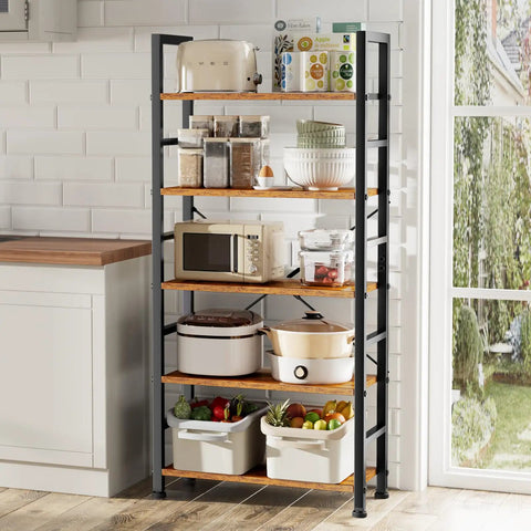 Kitchen with tall brown bookshelf holding small appliances, Five Tier Tall Bookshelf Corner Organizer In Brown That Keeps CDs.