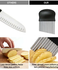 Potato cutter with black handle and stainless steel wavy blade; potatoes sliced into fries