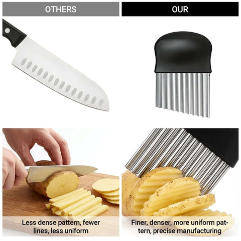 Potato cutter with black handle and stainless steel wavy blade; potatoes sliced into fries