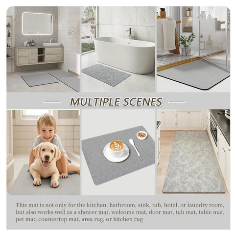 Diatomaceous Earth Bath Mat With Quick Dry Absorbent Foam in bathroom, kitchen, and as pet mat, non slip, large 60 by 84 inches.
