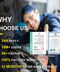 Smiling mechanic highlights benefits including ISO certification, 24H reply, and after-sales service.