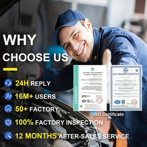 Smiling mechanic highlights benefits including ISO certification, 24H reply, and after-sales service.