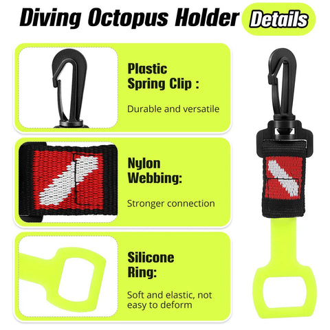 2 Pack Scuba Regulator Octopus Holder With Spring Clip Dive Flag Webbing And Silicone Ring Octopus Mouthpiece Retainer Keeper For Divers And Snorkelers Yellow details with plastic clip, nylon webbing, and silicone ring components.