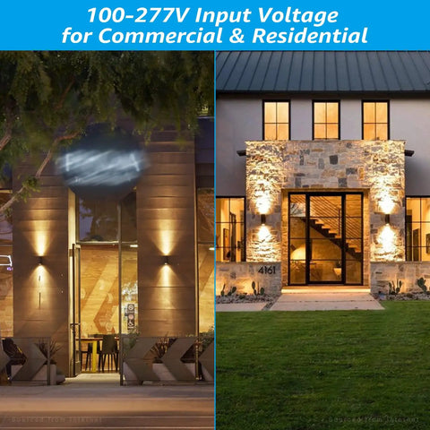 Integrated LED Cylinder Up Down Outdoor Wall Light illuminating a modern patio and residential entrance, waterproof aluminum design.