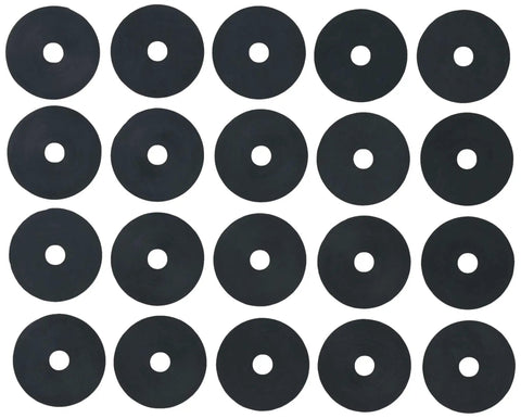 Neoprene Fender Washer Set 1/4 Inch Thick, 1-1/4 Inch Outer Diameter, 20 Pack Black arranged in rows.