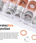 100 Piece Oil Drain Plug Gasket Set With Copper Crush Washers And Aluminum Washers in storage case.