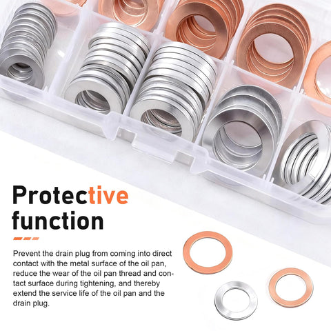 100 Piece Oil Drain Plug Gasket Set With Copper Crush Washers And Aluminum Washers in storage case.