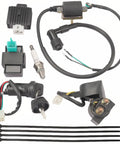 All In One Ignition Coil CDI Box With Voltage Regulator Rectifier Relay Starter Solenoid Spark Plug And Ignition Switch Key Set on display.