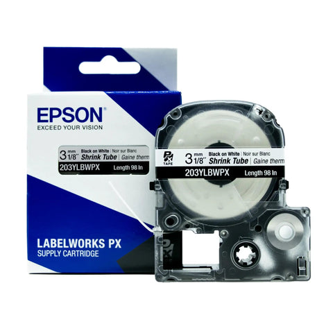 Printable Heat Shrink Tubing 3mm White With Black Printed Text For Printer Systems, 8 Ft Long, 1/8 Inch Wide, Fits AWG 16-22, Easy Cable Labeling, Durable Heat Shrink Tape For Wiring. Epson LABELWORKS PX cartridge shown