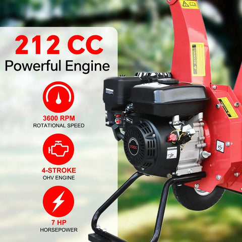 Gas Powered Wood Chipper Shredder Mulcher With 7 HP 212cc Engine 3 Blade Disc Cutter 10 Inch Wheels For Easy Mobility Heavy Duty