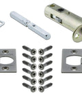 Components of Egg And Dart Door Plate With Victorian Knob Privacy Set For 2 3/8 Backset Antique Pewter Finish, screws and latch