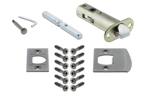 Components of Egg And Dart Door Plate With Victorian Knob Privacy Set For 2 3/8 Backset Antique Pewter Finish, screws and latch