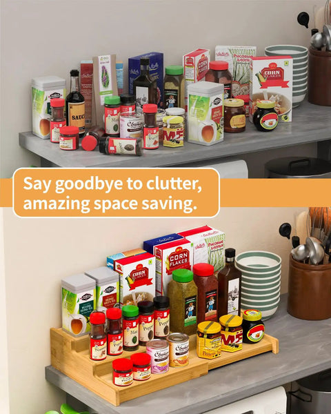 Premium Grade Three Tier Natural Bamboo Spice Rack With Adjustable Cabinet Organizer Shelf For No Sweat Kitchen Countertop Storage.