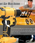 Close-up of Cordless Rechargeable Hot Air Gun With Two Speed Temp Controls and Four Nozzle Set, showcasing switch and safety features.