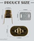 Framendino bronze bag turn-lock hardware; front view shows oval latch on 1.45x0.8 in plate, side view with mounting prongs.