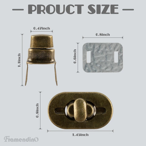 Framendino bronze bag turn-lock hardware; front view shows oval latch on 1.45x0.8 in plate, side view with mounting prongs.