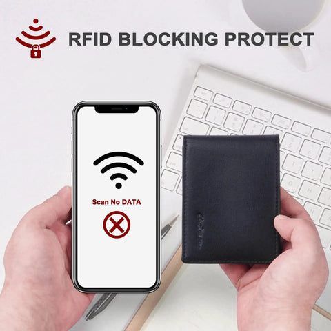 Ridiculously Sleek Slim RFID Blocking Wallet For Men With ID Window held over desk, showing RFID protection with phone display