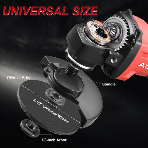Close-up of Cordless 21V Brushless Angle Grinder With 4-1/2 Inch Disc, Paddle Switch, showing spindle and universal 7/8-inch arbor.