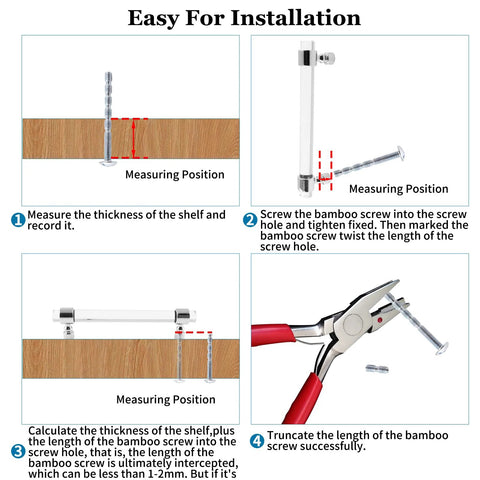 Installation guide for Six Pack Clear Acrylic T Bar Cabinet Pulls with 5 Inch Hole Centers, showing measurement and screw placement.