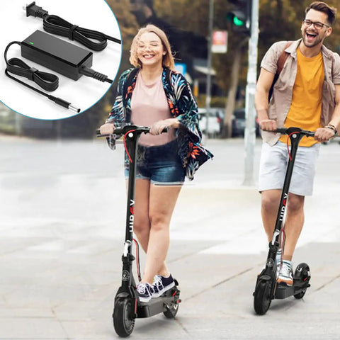 Two people ride electric scooters with inset of 42V Replacement Charger For Electric Scooters That Fit S2 Pro S2 Lite S2 KS4 KS4 Pro NEX NEX3 NEX5 Max Max3 Max V2 With Barrel Round Plug Tip Not 3 Prong Durable Power Supply For Safe Fast Charging.