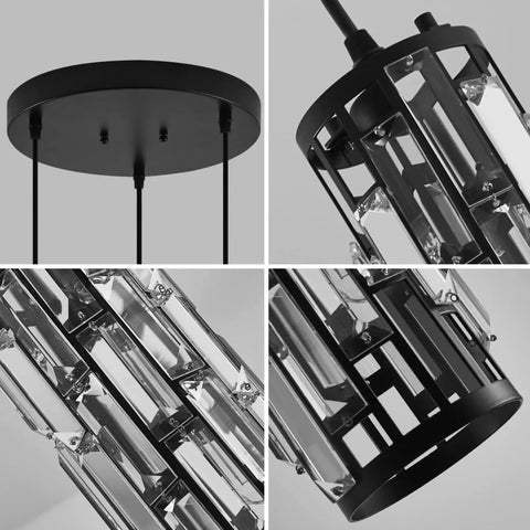 Close-up views of 3 Light Pendant Chandelier With Bulbs Included, Modern Crystal Hanging Light Fixture, Matte Black frame details
