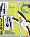 Stainless Steel 8 Inch Lineman's Pliers With Side Cutter And Wire Stripper, knurled jaws, cutting blade detail, corrosion resistant