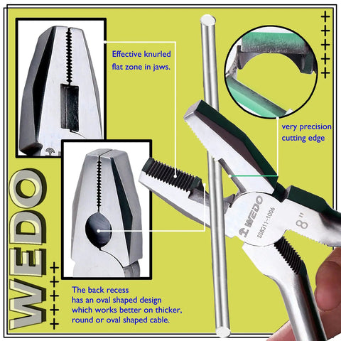 Stainless Steel 8 Inch Lineman's Pliers With Side Cutter And Wire Stripper, knurled jaws, cutting blade detail, corrosion resistant