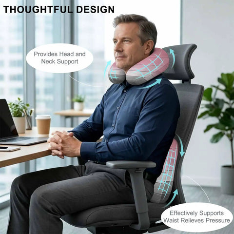 Man using U Shaped Memory Foam Travel Neck Pillow With Pink Wood Grain Finish for head support at office desk