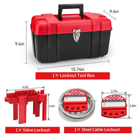All In One Lockout Tagout Kit With Ball Valve Lockout, Valve Lockout, Steel Cable Lockout, Gas Source Lockouts, Tool Box shown