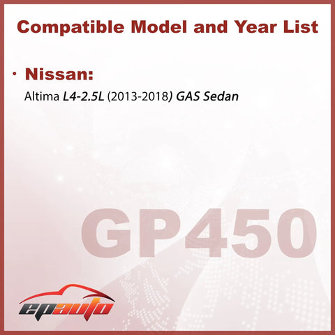 Compatibility list for Nissan Altima L4 2.5L 2013-2018 sedan for rigid panel engine air filter CA11450 replacement.
