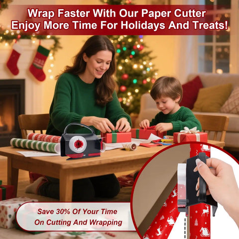 Two In One Wrapping Paper Cutter And Tape Dispenser All In One Wrapping Station No Fuss With Four Tape Refills And Two Blades For Quick Easy Gift Wrapping Ideal For Parties And Holidays Making Gift Wrapping Fast Clean And Fun. Christmas gift wrapping station on table