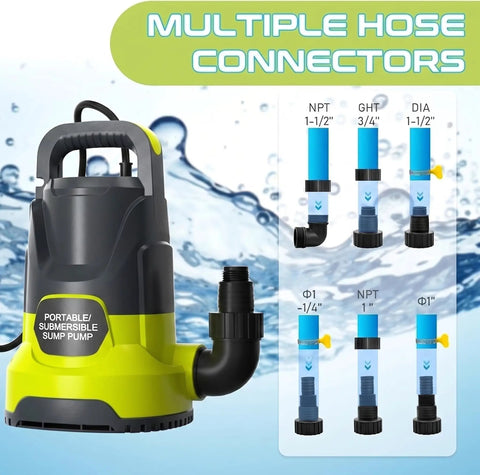 Heavy Duty Submersible Sump Pump Built Tough As Nails Features A 1.1Hp Motor That Slings 5000Gph with hose connectors.