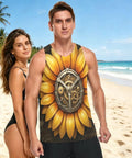 Men Sleeveless Muscle Tank Top Featuring Mechanical Sunflower Gear Design, worn at the beach by a model in sunlight.
