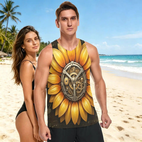 Men Sleeveless Muscle Tank Top Featuring Mechanical Sunflower Gear Design, worn at the beach by a model in sunlight.