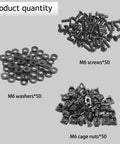 Top Notch Black M6 X 16mm Rack Mount Cage Screws And Nuts Pack For Server Cabinets Features Solid Steel Hardware For IT Gear assortment including screws, washers, and cage nuts.