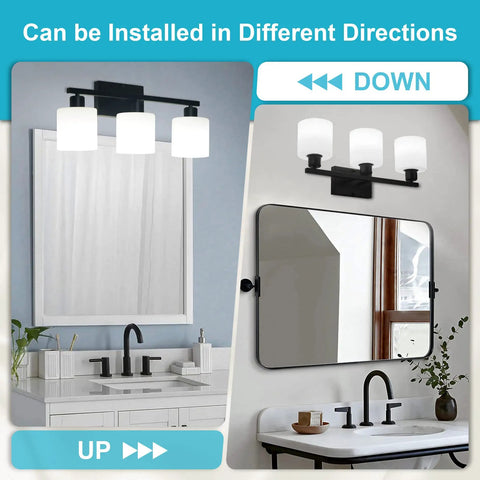 Three Light Matte Black Vanity Light Fixture Over Mirror With Milky White Glass Shades Anti Rust Wall Sconces Install Directions