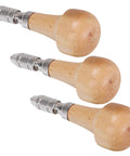 Heavy Duty Three Piece Pin Vise Set Featuring Solid Wood Handle Chuck Gravers Ideal For Jewelry Making Watch Repair And Amazingly Reliable Craft Repairs with three wooden handled vises.