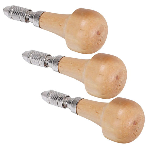 Heavy Duty Three Piece Pin Vise Set Featuring Solid Wood Handle Chuck Gravers Ideal For Jewelry Making Watch Repair And Amazingly Reliable Craft Repairs with three wooden handled vises.