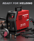 ARCCAPTAIN MIG145 Pro Flux Core MIG Welder 145 Amp 120 Volt with digital control screen and accessories laid out.