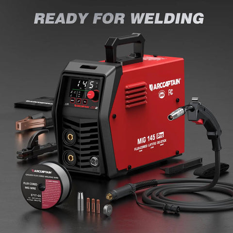 ARCCAPTAIN MIG145 Pro Flux Core MIG Welder 145 Amp 120 Volt with digital control screen and accessories laid out.