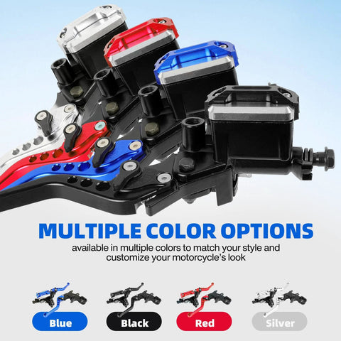 Close-up of DREAMIZER motorcycle clutch lever with hydraulic brake master cylinders in blue, red, black, and silver colors.