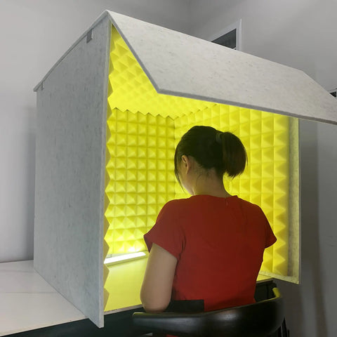 Pro Level Desktop Soundproof Mic Booth With Heavy Duty Polyester Panels And Flame Resistant Acoustic Padding For Podcaster Streamer and Home Studio Noise Blocking Kit, compact design with yellow interior.